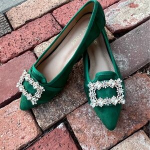 Chase & Chloe Green Flats with Crystal Embellishment